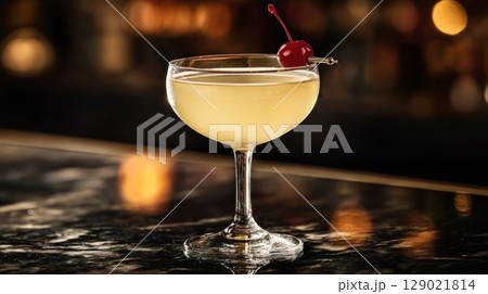 Elegant Cocktail Glass With A Cherry Garnish On A Marble Bar In Vintage Postcard Style. Evokes Classic Nightlife Charm 129021814