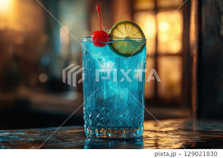 Blue Cocktail With Lime And Cherry Garnish In Vintage Glass Against Warm, Nostalgic Bar Setting. Evokes Classic Cocktail Hour Charm 129021830
