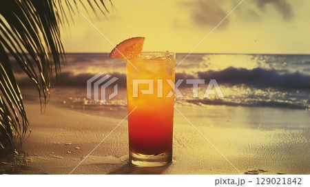 Tropical Beach Sunset With Vibrant Cocktail And Palm Leaves In Nostalgic Postcard Style. Evokes Relaxation And Dreamy Seaside Escape 129021842