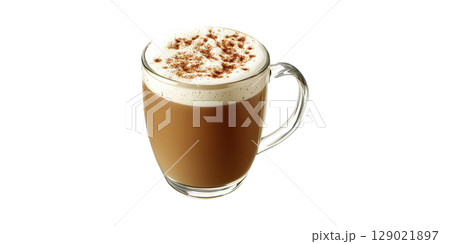 Glass Mug Of Cappuccino With Cinnamon Topping. Warm Beverage For Cozy Moments And Relaxation Isolated On Transparent Background 129021897