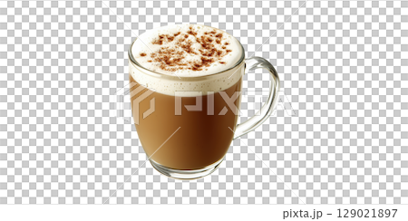 Glass Mug Of Cappuccino With Cinnamon Topping. Warm Beverage For Cozy Moments And Relaxation Isolated On Transparent Background 129021897