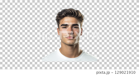 Young Man In T-Shirt. Portrait Photography And Fashion Modeling Isolated On Transparent Background 129021910