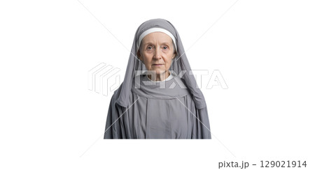 Elderly Nun In Traditional Habit. Spiritual Devotion And Religious Commitment Isolated On Transparent Background Elderly Nun In Traditional Habit. Spiritual Devotion And Religious Commitment Isolated On Transparent Background 129021914