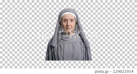 Elderly Nun In Traditional Habit. Spiritual Devotion And Religious Commitment Isolated On Transparent Background Elderly Nun In Traditional Habit. Spiritual Devotion And Religious Commitment Isolated On Transparent Background 129021914