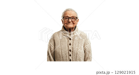 Elderly Woman In Cozy Sweater. Warmth And Comfort In Senior Fashion Portrait Isolated On Transparent Background Elderly Woman In Cozy Sweater. Warmth And Comfort In Senior Fashion Portrait Isolated On Transparent Background 129021915
