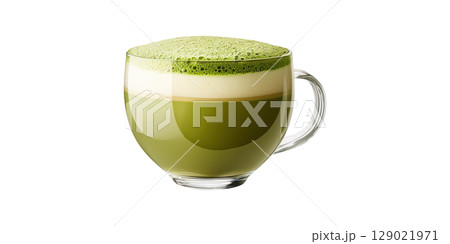 Glass Cup Of Frothy Matcha Latte. Healthy Beverage And Antioxidant-Rich Drink Isolated On Transparent Background 129021971