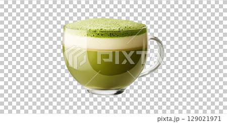 Glass Cup Of Frothy Matcha Latte. Healthy Beverage And Antioxidant-Rich Drink Isolated On Transparent Background 129021971