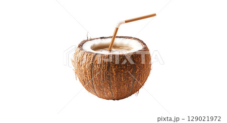 Coconut Drink With Straw. Refreshing Tropical Beverage Concept Isolated On Transparent Background 129021972