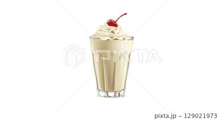Vanilla Milkshake With Whipped Cream And Cherry Top. Classic Dessert Beverage Isolated On Transparent Background 129021973