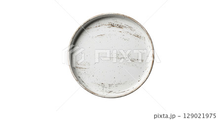Rustic Ceramic Plate With Distressed Finish. Vintage Tableware For Culinary Presentation Isolated On Transparent Background 129021975