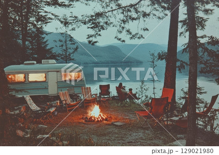 Vintage Lakeside Campsite With Cozy Campfire And Retro Camper Surrounded By Forest In Nostalgic Postcard Style. Evokes Warmth And Serene Outdoor Memories 129021980