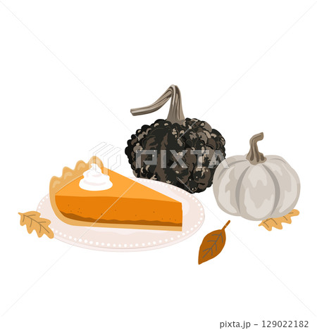 Hand drawn Fall Aesthetic Composition with pumpkin pie piece, cute pumpkins, and Autumn leaves. Vector illustration. 129022182