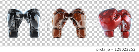 Boxing Gloves In Black, Brown, And Red Set. Sports Equipment And Fitness Collection Isolated On Transparent Background 129022252