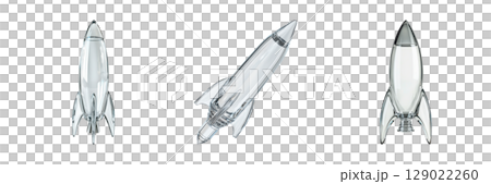 Glass Rocket Models Set. Futuristic Design And Innovation Collection Isolated On Transparent Background 129022260