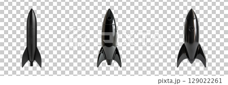 Black Rocket Model Set. Futuristic Spacecraft Design Collection Isolated On Transparent Background Black Rocket Model Set. Futuristic Spacecraft Design Collection Isolated On Transparent Background 129022261