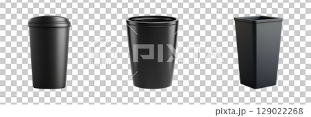 Black Trash Bin Collection Set. Modern Waste Management Solutions Collection Isolated On Transparent Background 129022268
