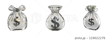 Glass Money Bags With Dollar Symbols Set. Wealth And Financial Success Collection Isolated On Transparent Background 129022276