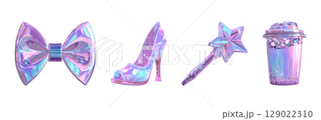 Holographic Fashion Accessories Set. Iridescent Style And Glamour Collection Isolated On Transparent Background 129022310