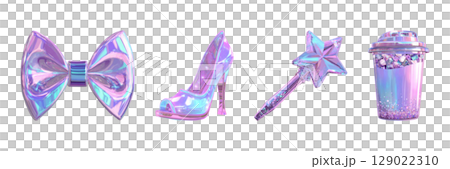 Holographic Fashion Accessories Set. Iridescent Style And Glamour Collection Isolated On Transparent Background 129022310