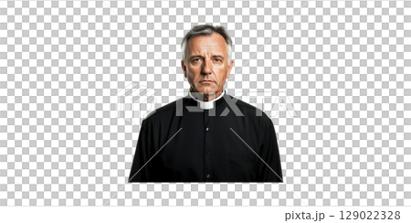 Elderly Priest In Clerical Attire. Religious Leadership And Spiritual Guidance Isolated On Transparent Background 129022328