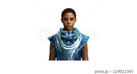 Futuristic Character In Blue Sci-Fi Attire. Cosmic And Mystical Design Elements Isolated On Transparent Background 129022365