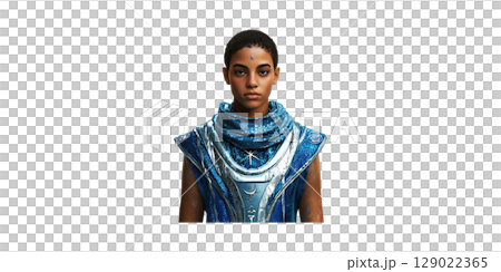 Futuristic Character In Blue Sci-Fi Attire. Cosmic And Mystical Design Elements Isolated On Transparent Background 129022365