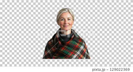 Elderly Woman Wrapped In Tartan Blanket. Warmth And Comfort In Winter Season Isolated On Transparent Background Elderly Woman Wrapped In Tartan Blanket. Warmth And Comfort In Winter Season Isolated On Transparent Background 129022369