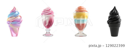 Colorful Ice Cream And Sundae Collection. Vibrant Dessert Variety And Presentation Set Isolated On Transparent Background 129022399