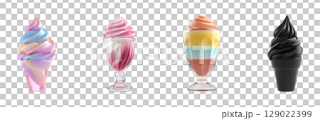 Colorful Ice Cream And Sundae Collection. Vibrant Dessert Variety And Presentation Set Isolated On Transparent Background 129022399
