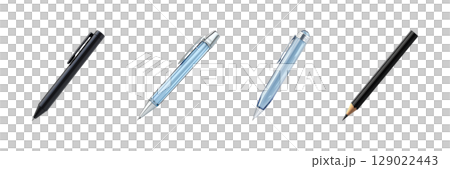 Black And Blue Writing Instruments Set. Office And School Supplies Collection Isolated On Transparent Background 129022443