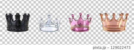 Elegant Crown Collection In Black, Silver, Pink, And Gold. Royalty And Luxury Design Set Isolated On Transparent Background 129022473