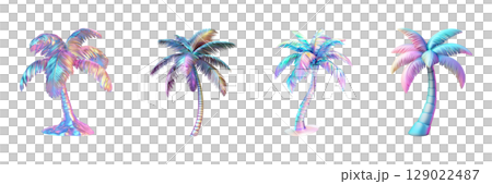 Colorful Iridescent Palm Trees Set. Tropical Vibes And Digital Art Collection Isolated On Transparent Background 129022487
