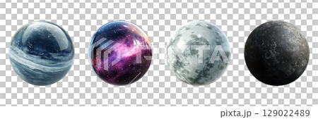 Spherical Celestial Bodies Set. Cosmic And Planetary Exploration Collection Isolated On Transparent Background Spherical Celestial Bodies Set. Cosmic And Planetary Exploration Collection Isolated On Transparent Background 129022489