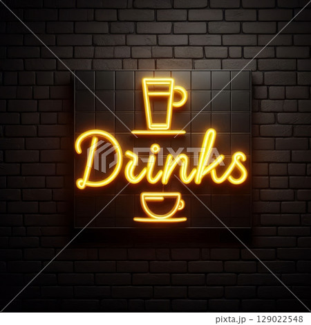 Neon sign with glowing Drinks text, coffee cup, and mug symbols on black brick wall, modern cafe or coffee shop interior 129022548