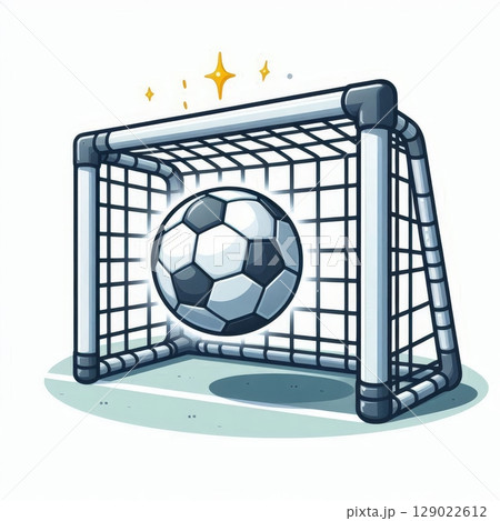 Soccer ball hitting goal net on field. Cartoon football illustration with sparkles. Scoring moment and sports success concept 129022612