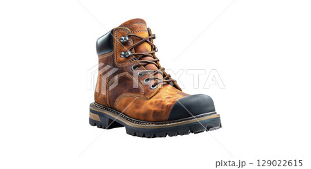 Rugged Brown Leather Work Boot With Black Toe Cap. Durable Footwear For Outdoor And Industrial Use Isolated On Transparent Background 129022615