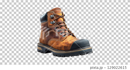Rugged Brown Leather Work Boot With Black Toe Cap. Durable Footwear For Outdoor And Industrial Use Isolated On Transparent Background 129022615