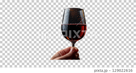 Red Wine Glass Held By Hand. Elegance And Sophistication In Wine Tasting Isolated On Transparent Background 129022616