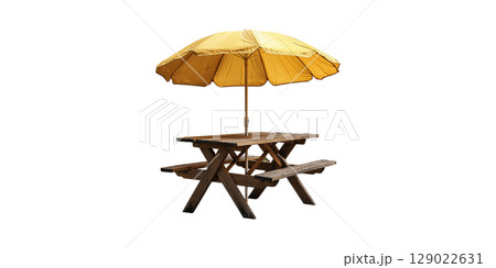 Wooden Picnic Table With Yellow Umbrella. Outdoor Dining And Leisure Setup Isolated On Transparent Background 129022631