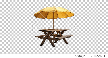 Wooden Picnic Table With Yellow Umbrella. Outdoor Dining And Leisure Setup Isolated On Transparent Background 129022631