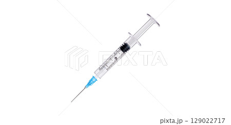 Medical Syringe With Blue Needle. Healthcare And Vaccination Concept Isolated On Transparent Background 129022717