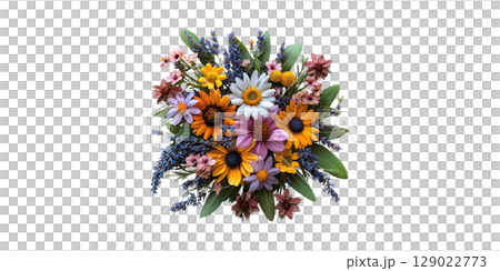 Colorful Floral Bouquet With Diverse Flowers. Vibrant Arrangement For Decoration And Celebration Isolated On Transparent Background Colorful Floral Bouquet With Diverse Flowers. Vibrant Arrangement For Decoration And Celebration Isolated On Transparent Background 129022773