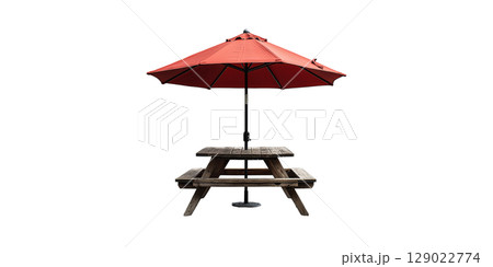 Wooden Picnic Table With Red Umbrella. Outdoor Dining And Relaxation Setup Isolated On Transparent Background Wooden Picnic Table With Red Umbrella. Outdoor Dining And Relaxation Setup Isolated On Transparent Background 129022774