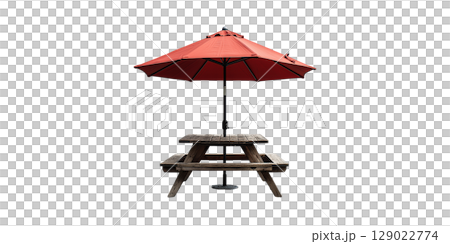 Wooden Picnic Table With Red Umbrella. Outdoor Dining And Relaxation Setup Isolated On Transparent Background Wooden Picnic Table With Red Umbrella. Outdoor Dining And Relaxation Setup Isolated On Transparent Background 129022774