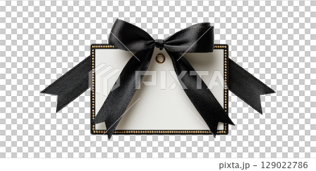 Elegant Gift Tag With Black Ribbon And Gold Accents. Luxury And Sophistication For Special Occasions Isolated On Transparent Background Elegant Gift Tag With Black Ribbon And Gold Accents. Luxury And Sophistication For Special Occasions Isolated On Transparent Background 129022786