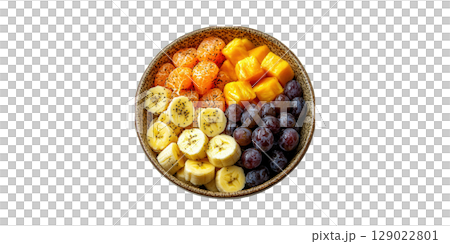 Colorful Fruit Bowl With Bananas, Oranges, Pineapple, And Grapes. Healthy Eating And Nutrition Concept Isolated On Transparent Background 129022801