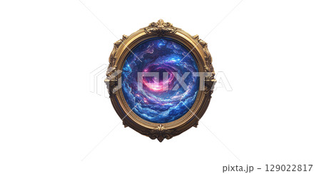 Ornate Gold Frame With Cosmic Vortex Artwork. Surreal Universe And Space Exploration Concept Isolated On Transparent Background 129022817