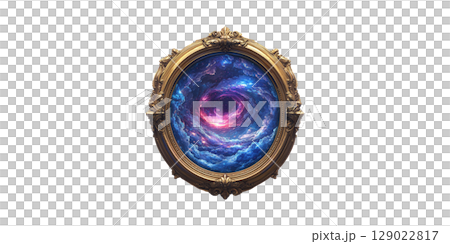 Ornate Gold Frame With Cosmic Vortex Artwork. Surreal Universe And Space Exploration Concept Isolated On Transparent Background 129022817
