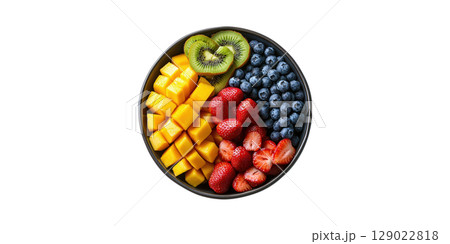 Bowl Of Fresh Mixed Fruits With Kiwi, Mango, Strawberries, And Blueberries. Healthy Eating Concept Isolated On Transparent Background 129022818