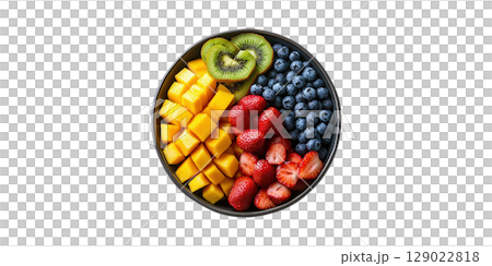 Bowl Of Fresh Mixed Fruits With Kiwi, Mango, Strawberries, And Blueberries. Healthy Eating Concept Isolated On Transparent Background 129022818
